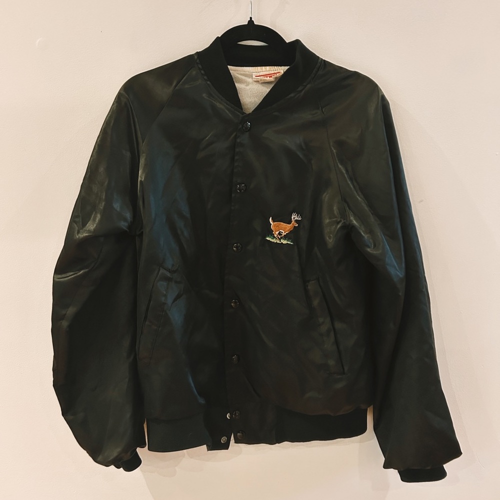 Vintage Embroidered Deer Bomber Jacket - Dark Green